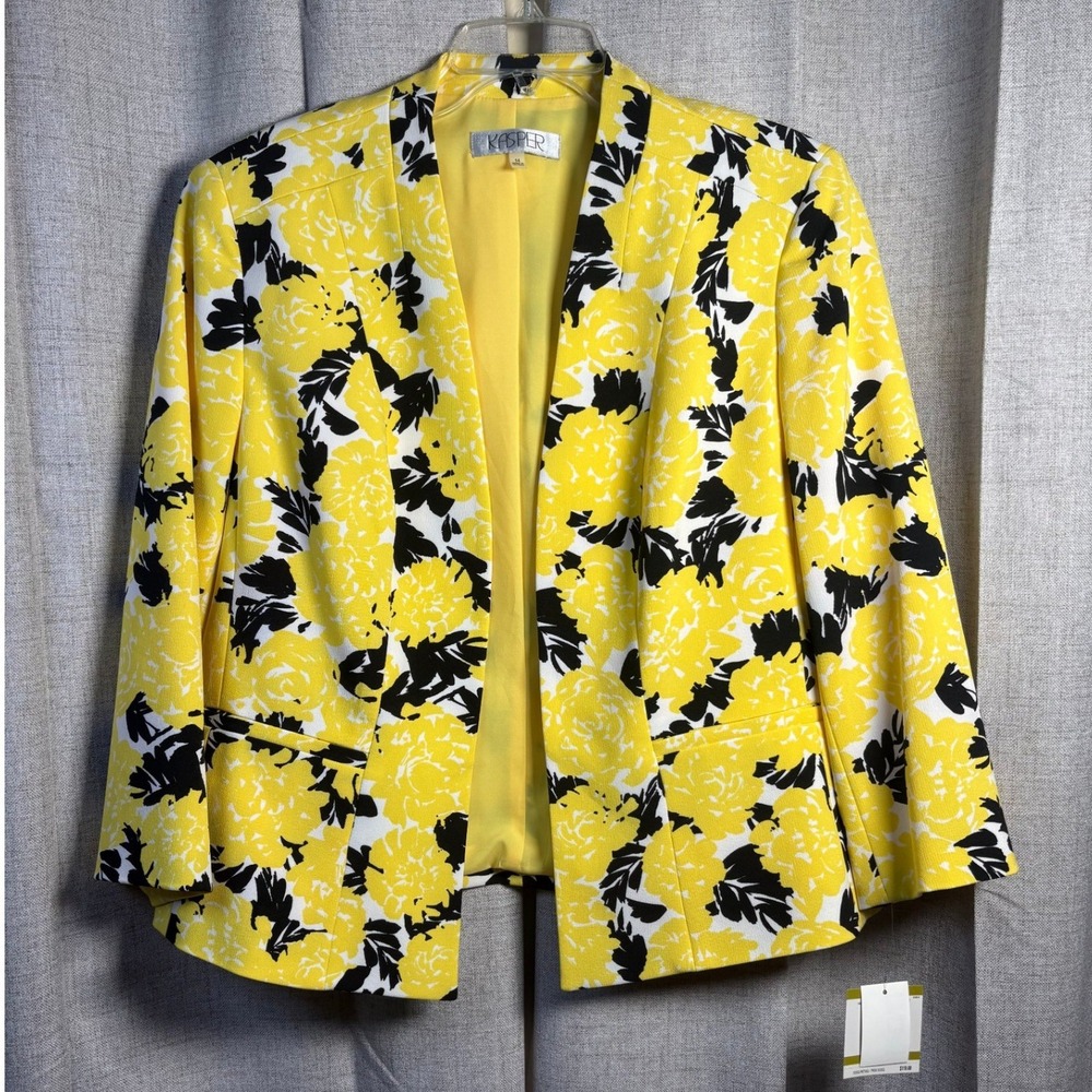 Kasper Womens Yellow Black Floral Open Front Blazer Jacket 14 NEW 10674350-HT9